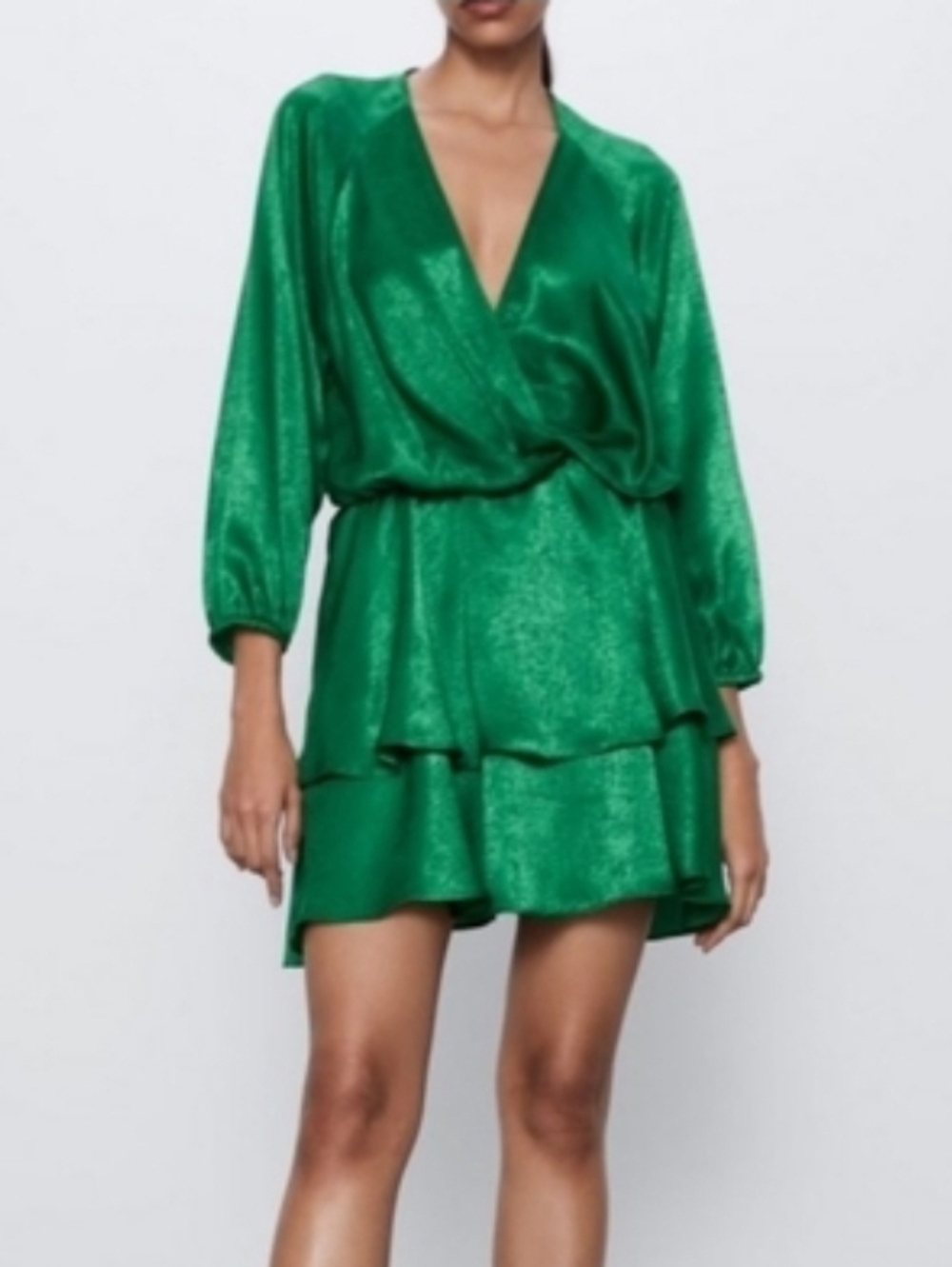 Zara Green Satin V-Neck Tiered Dress